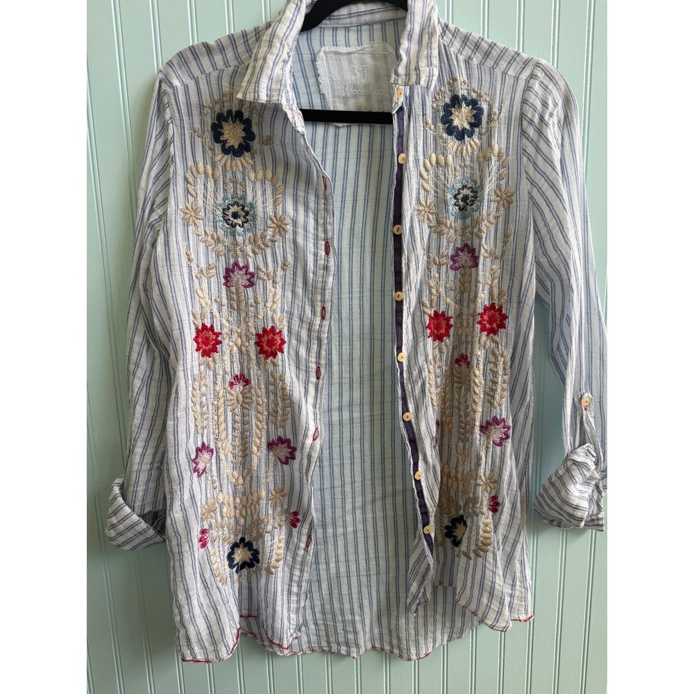 Johnny Was 3J Workshop Blue Striped Floral Embroidered Shirt XS Boho Whimsical - Picture 2 of 10